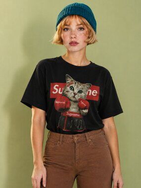 Cat Boxing Graphic Tee Black Unisex Streetwear T-Shirt